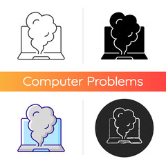 Poster - Smoking computer icon. Symptom of overheating hardware. Broken notebook. System failure. Damaged PC. Laptop problems. Linear black and RGB color styles. Isolated vector illustrations