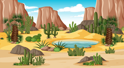 Wall Mural - Desert forest landscape at day time scene with oasis