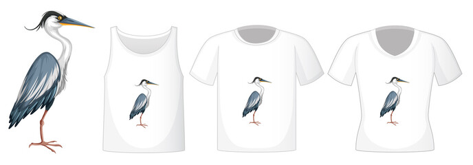 Sticker - Stork bird in stand position cartoon character with many types of shirts on white background