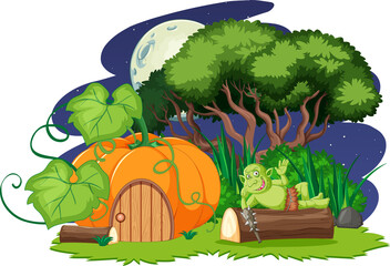 Night scene with goblin or troll cartoon character and pumpkin house