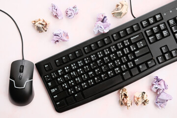 Poster - keyboard with money on white background and top view working space