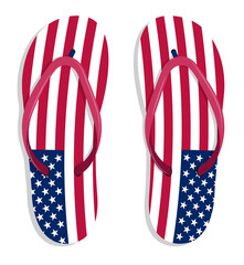 Beach rubber slippers in colors of american flag isolated on white background. Beach shoes. Vector