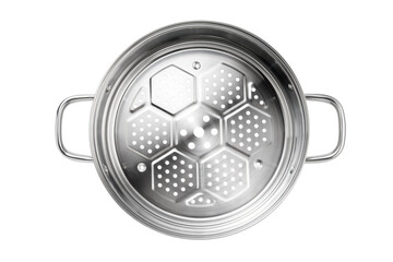Wall Mural - Stainless steel steamer tray isolated on white background. Kitchenware. Top view.