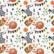 © Anna - Hand-drawn watercolor bright seamless pattern. Colorful illustration with  summer mood with oranges, melon, ice cream, straw hat, bathing suit, fruits,  flowers, seashells ets on white background
