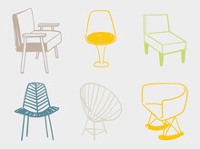 A Set Of Six Interior Items. Hand Drawn Furniture Illustrations. Minimalistic Outlines Of Unusual, Original Chairs And Armchairs For Restaurants, Terraces, Home Design, Fashion Catalogs, Brochures.