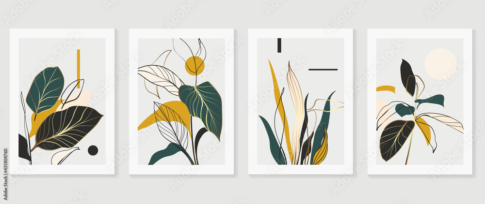 Botanical and gold abstract wall arts vector collection.  Golden and luxury pattern design with Tropical leaves line arts, Hand draw Organic shape design for wall framed prints, cover and poster. - obrazy, fototapety, plakaty 