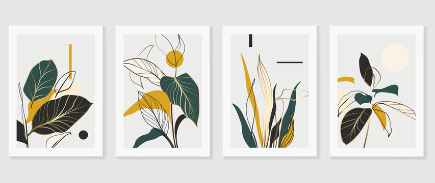 Botanical and gold abstract wall arts vector collection.  Golden and luxury pattern design with Tropical leaves line arts, Hand draw Organic shape design for wall framed prints, cover and poster.