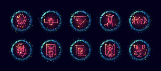 10 in 1 vector icons set related to winner award theme. Lineart vector icons in geometric neon glow style with particles