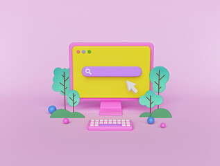 Poster - Search bar on computer monitor isolated on pastel pink background. minimal web search concept. 3d rendering