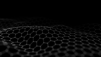 Abstract hexagon wave with moving dots. Flow of particles. Cyber technology illustration. 3d rendering