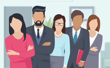 Wall Mural - Business team ready to work. Teamwork. Coworkers characters communication. Team building and business partnership. Businessmen people cooperation collaboration. Office workers clerks standing together