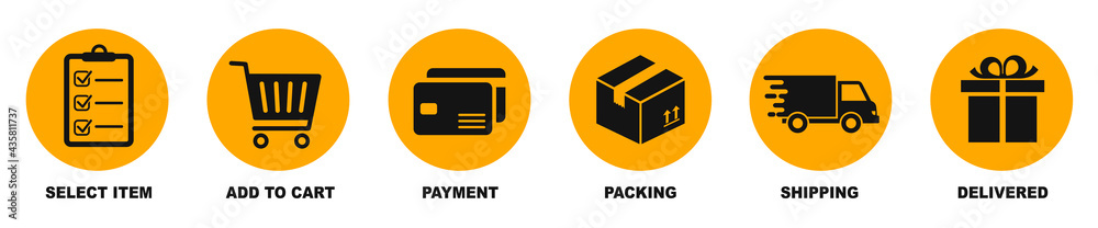 Concept of shopping process with 6 successive steps. Order parcel processing bar, ship, delivery signs for express courier delivery. Order delivery status, post parcel package tracking icons - obrazy, fototapety, plakaty 