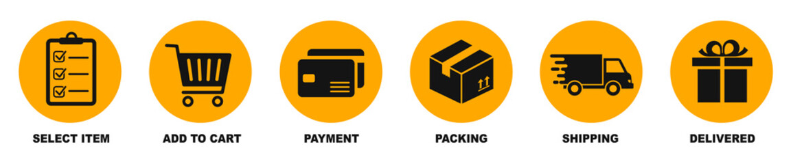 Concept of shopping process with 6 successive steps. Order parcel processing bar, ship, delivery signs for express courier delivery. Order delivery status, post parcel package tracking icons