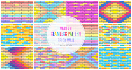 Wall Mural - colorful block brick wall seamless pattern collection set texture background