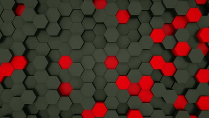 Poster - Black and red hexagon modules in random waving motion. Abstract technology, data and engineering motion background. 4K seamless loop. 3D rendering.