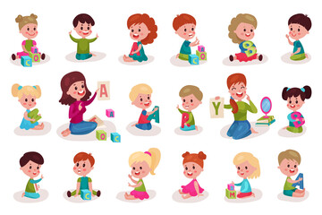 Wall Mural - Young Woman Teaching and Kid Learning Alphabet Letters Vector Illustration Set