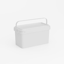 White Rectangular Plastic Can / Bucket / Container With Handle And No Label. Perspective View, Isolated On White Background.