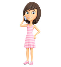 Cheerful Cartoon Character Girl In A Pink Striped Dress Talks On The Phone On A White Background. 3d Render.