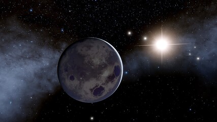 super-earth planet, realistic exoplanet, planet suitable for colonization, earth-like planet in far space, planets background 3d render	