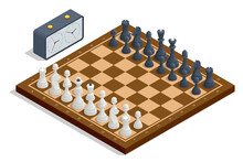 Isometric Chess Board And Pieces. Chess Icons. Board Game. A Chess Piece, Or Chessman, Is Any Of The Six Different Types Of Movable Objects Used On A Chessboard To Play The Game Of Chess