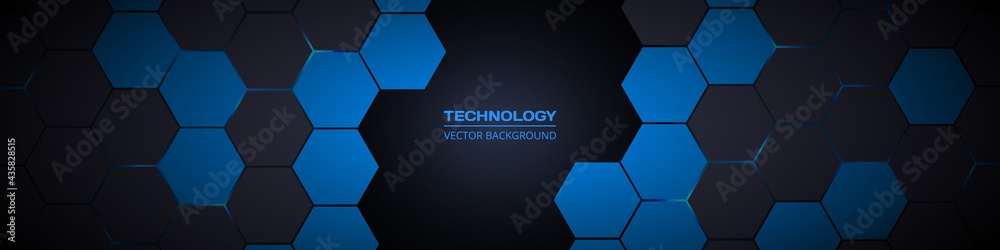 Dark gray and blue hexagonal technology abstract horizontal vector ...