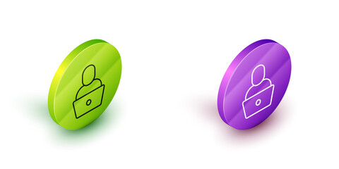 Poster - Isometric line Freelancer icon isolated on white background. Freelancer man working on laptop at his house. Online working, distant job concept. Green and purple circle buttons. Vector