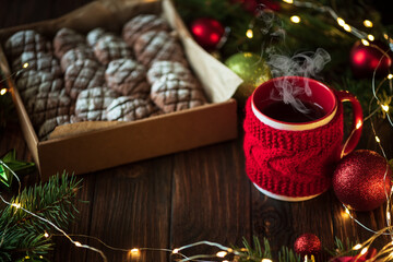 Wall Mural - Christmas gingerbread cone cookies with Christmas decorations. New Year and Christmas celebration concept. Soft focus. Top view