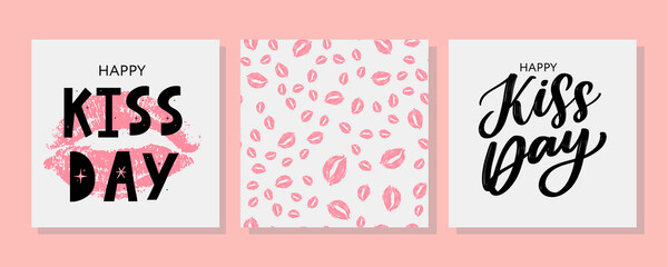 Sticker - Kiss me greeting card, poster with pink hand drawn watercolor lips. Vector background with ink hand lettering.