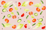 Fototapeta Łazienka - Ripe juicy slices tomato, cucumber, green salad levitate on beige background. Vegetable seamless pattern.