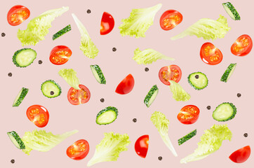  Ripe juicy slices tomato, cucumber, green salad levitate on beige background. Vegetable seamless pattern.