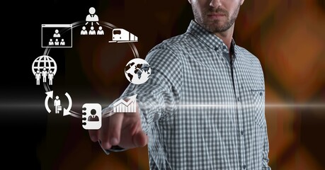 Poster - Midsection of caucasian man using digital interface with globe, travel and communication icons