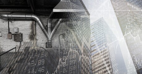 Poster - Composition of professional kitchen with financial data processing over modern cityscape