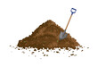 Peat organic soil heap with a shovel. Fertile soil for growing garden crops, composting process of fallen leaves, transformation of food waste into fertile soil