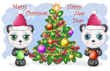 Couple Cute Cartoon Panda Bear With Big Eyes In A Red Santa Claus Hat Near The Christmas Tree. New Year
