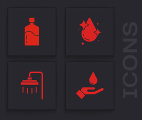 Sticker - Set Washing hands with soap, Big bottle clean water, Water drop and Shower icon. Vector