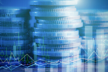 Financial investment concept, Double exposure of stack of coins and city for finance investor, Forex trading market candlestick chart, Cryptocurrency Digital economy. investing growing.economy trends