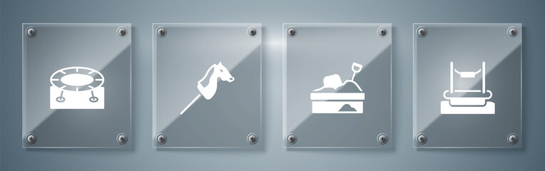 Canvas Print - Set Bungee, Sandbox with sand, Toy horse and Jumping trampoline. Square glass panels. Vector