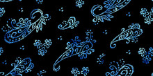 Paisley Seamless Watercolor Pattern. Blue Ornaments On A Black Background. An Elegant Print For Your Decor. Vector Illustration.