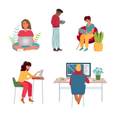 Fototapete - Set of people working on computers, coworking space flat vector illustration. Young man and woman freelancers working remotely on notebooks at home concept. Online education, e-learning or shopping.