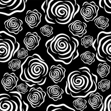 Seamless Pattern Contour Rose Flowers On Black Background