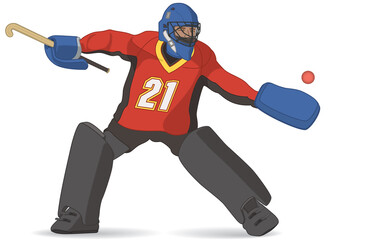 Wall Mural - field hockey male goalkeeper goalie in red uniform and blue helmet, isolated on a white background