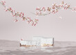 3D background, white rock podium, stone display set in water. Sakura pink flower branch, cherry blossom. Cosmetics, beauty product promotion step pedestal with gold. Abstract minimal banner 3D render