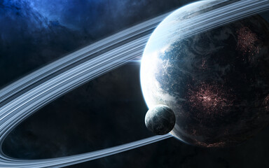 inhabited planet in deep space with satellite. beautiful cosmic landscape. science fiction. elements