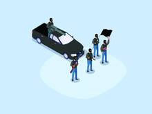 Terrorist Isometric Vector Concept. Group Of Terrorist With Weapon And Machine Gun On The Car