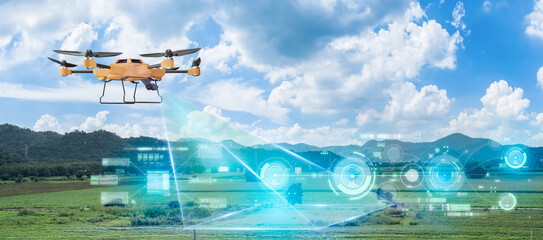 5g technology trend and smart farm agriculture concept.farmer use ai drone to monitor prediction for