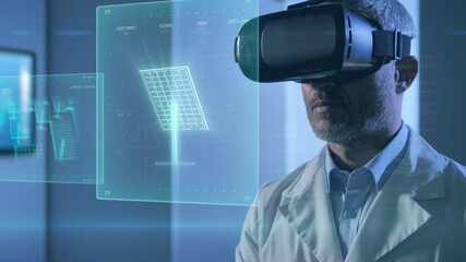 ecological male engineer using augmented reality technology and vr glasses,renewable green energy scientist looking at virtual digital charts showing production from wind turbine,solar panels in lab