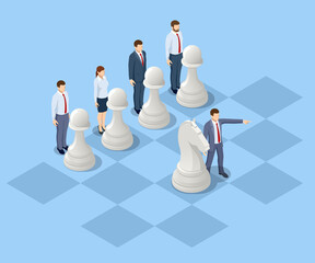 Concept business strategy. Isometric businessmen and women playing chess game reaching to plan strategy for success. Achieving goals business strategy for win, management or leadership.