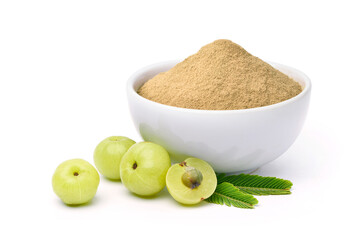 Wall Mural - Amla (Indian gooseberry) powder with fresh fruits on white background.