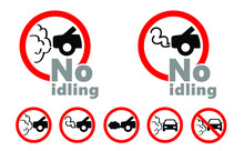 Traffic Pictogram. No Idling Warning Sign. Turn Engine Off Sign Symbol Icon. Idle Free Zone, Turn Off. NOx, CO2 Emissions. Carbon Dioxide. Climate Change And Global Warming