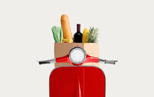 Shopping Cart With Food Delivery Service Background Concept. Shopping Basket With Vegetables Fruits And Food With Wheels Deliver Order.